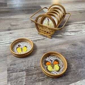 Vintage 70s Bamboo Butterfly Wing Coaster Set Rattan Holder Boho Tropical Decor